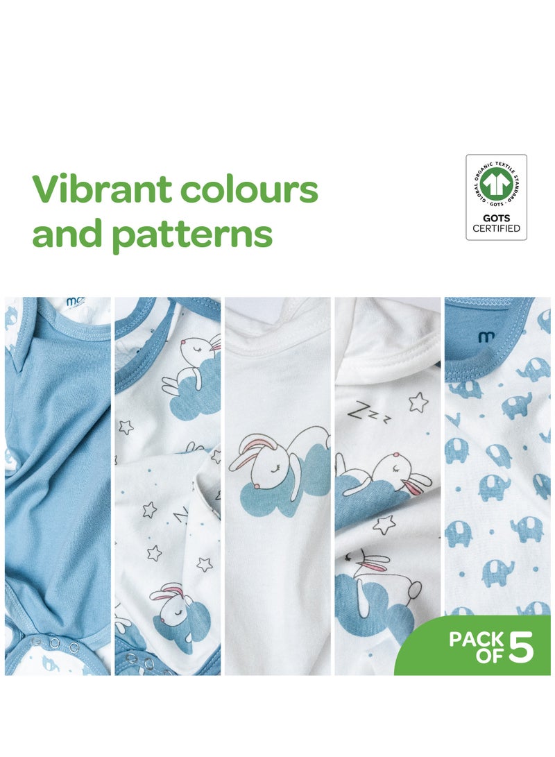 Moon Organic Baby Boys Body Suit Set Of 5 For 6-9 Months Blue - Image 3