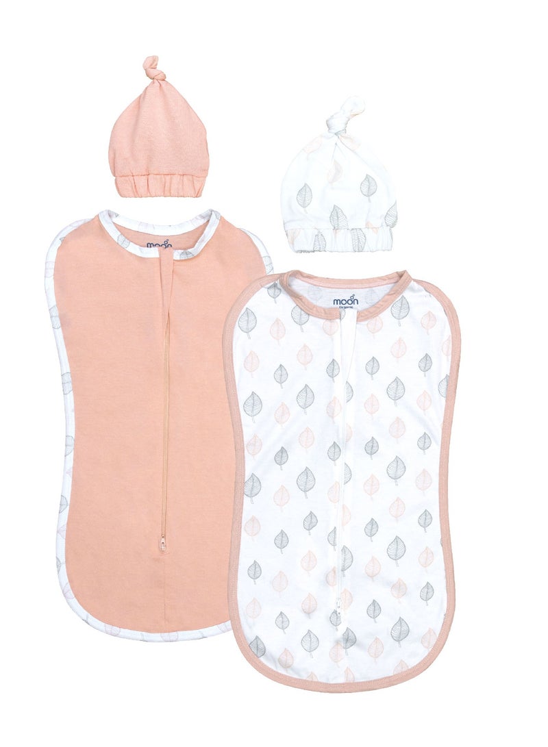 Moon Swaddle Pods With Beanie Pack Of 2 Front Two Way Zippered Orange And Forest Print - Image 1