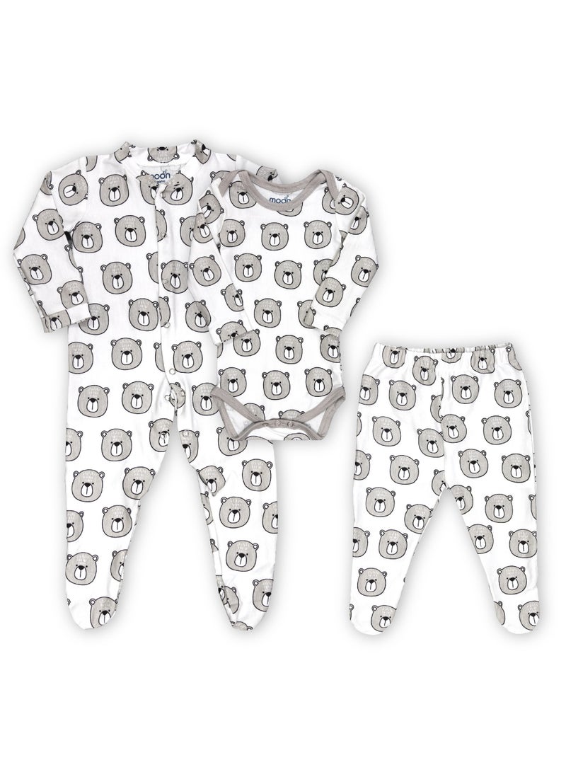 Moon Organic Baby 3 In 1 Gift Set Romper Body Suit Jogger For 0-3 Months Bear Print  - Image 1