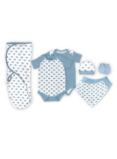 Moon Organic Baby Gift Set Of 7 Rompers Swaddle Bibs Hat Mitten Set For 3-6 Months Blue  - Image 1