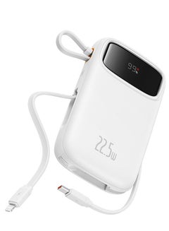 Baseus 10000 mAh Portable Charger Power Bank, Fast Charging Portable Phone Charger With Built-In Lightning And Usb-C Output Cable, Led Display Battery Pack For Iphone Samsung Android Pixel Ipad White  - Image 1