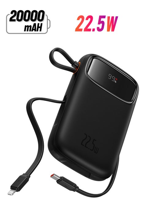 20000 mAh Portable Charger Power Bank 22.5W 20000mAh Fast Charging Portable Phone Charger With Built In Lightning And USB C Output Cable LED Display Battery Pack For iPhone Samsung Android Pixel iPad Black