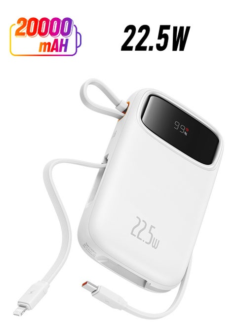 20000 mAh Portable Charger Power Bank 22.5W 20000mAh Fast Charging Portable Phone Charger With Built In Lightning And USB C Output Cable LED Display Battery Pack For iPhone Samsung Android Pixel iPad White
