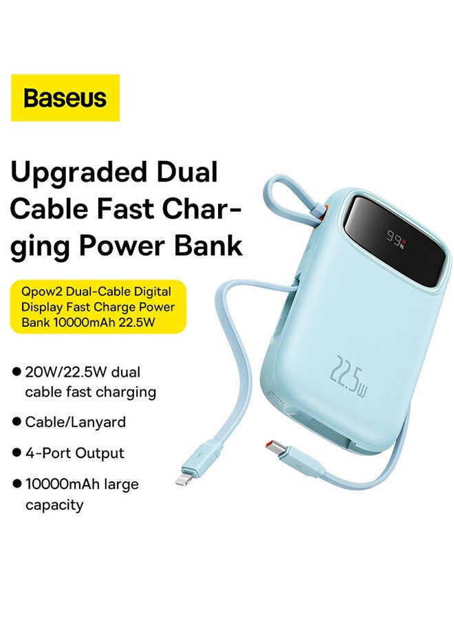 Baseus - 10000 mAh Portable Charger Power Bank, 10000Mah Fast Charging Portable Phone Charger With Built-In Lightning And Usb-C Output Cable, Led Display Battery Pack For Iphone Samsung Android Pixel Ipad Blue - Image 1
