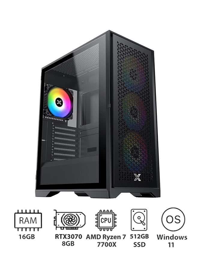 PC-AMD Ryzen 7-7700X/16GB/1TBSSD/ASUS Prime X670 Pro/MSI Gaming GeForce RTX 3070 GDRR6/DP Tri-Frozr 2 TORX Fan 4.0 8GB/DeepCool GAMMAXX L240-A RGB AIO 240MM/PSU Cougar 650W GX-F Aurum 80 Plus Gold/Xigmatek LUX S Tempered Glass Mid-Tower ATX Case/Windows 11/ Glass- Glass-Black