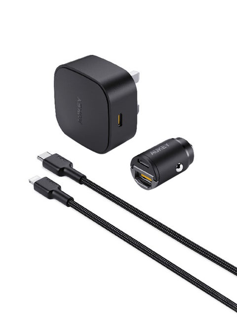Kit On The GO Bundle-II PD Charger 20W With MFI USB-C To Lightning Cable 1.2M And PD 30W Car Charger Black
