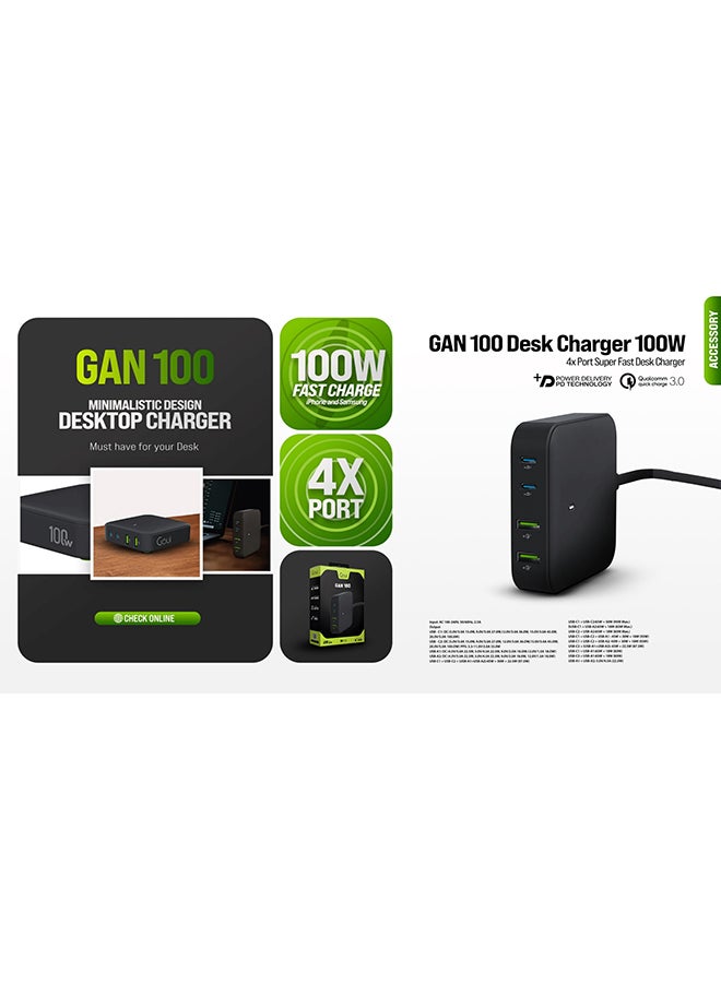 Gan 100W Desktop Charger with 4 Ports, Qualcomm Quick Charge 3.0, Power Delivery PD Technology, 150cm Cable – Fast, Efficient Charging for Multiple Devices Simultaneously - Black - pnsku/N70001363V/45/_/1695208052/9273e331-2c96-48c0-8347-044fe46ea47d