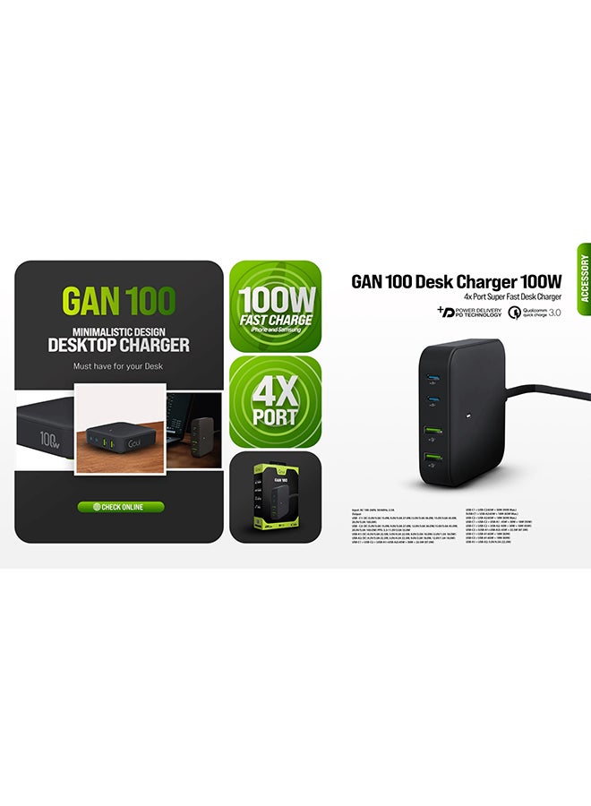 Goui - Gan 100W Desktop Charger with 4 Ports, Qualcomm Quick Charge 3.0, Power Delivery PD Technology, 150cm Cable – Fast, Efficient Charging for Multiple Devices Simultaneously - Black - Image 1
