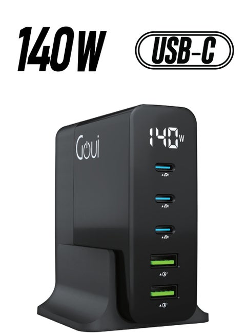 Gan 140W Desktop Charger - 5 Ports, Qualcomm Quick Charge 3.0, Power Delivery PD Technology, Fast Charging for Laptops (Up to 100W), Multiple Fast Charging Protocols, Smart LED Digital Display, Efficient and Convenient Multi-Device Charging Solution - Black