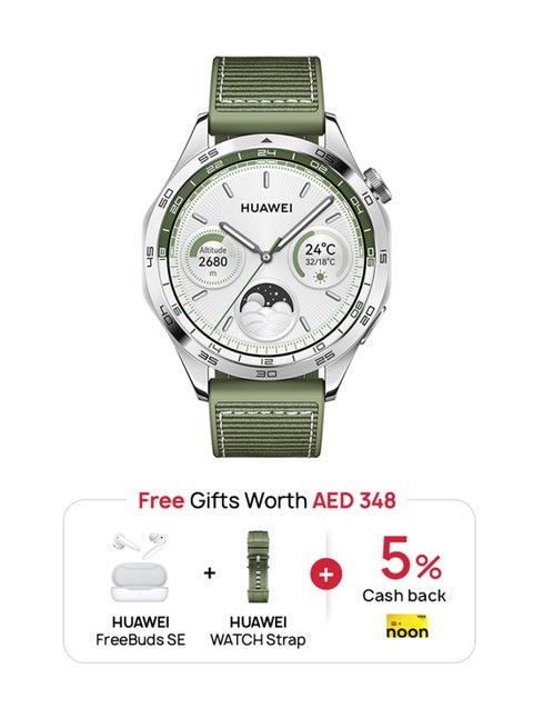 ساعة ذكية GT4 مقاس 46 مم، + سماعات Freebuds SE + حزام، عمر بطارية يصل إلى أسبوعين، تحليل عدم انتظام ضربات القلب الموجي النبضي، مراقبة الصحة على مدار الساعة طوال أيام الأسبوع، متوافقة مع Android وiOS