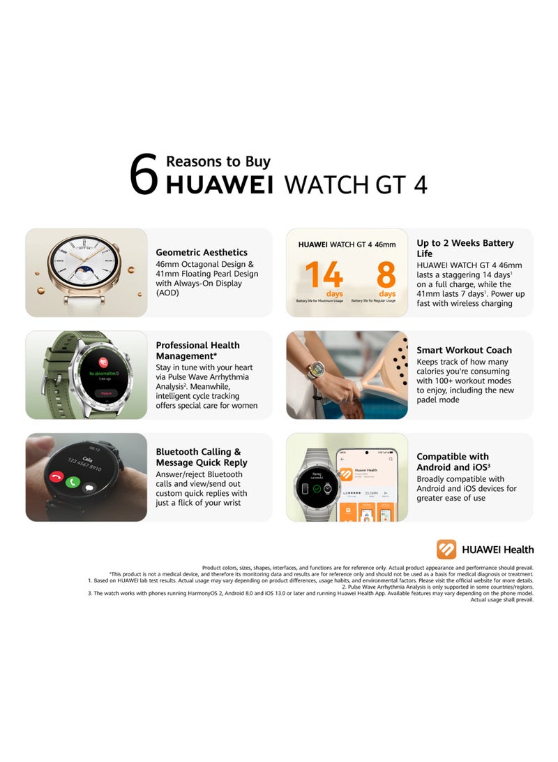 Watch GT4 41mm Smartwatch + Freebuds SE + Strap, 7-Day Battery Life, Pulse Wave Analysis, Female Health Management 3.0, 24/7 Health Monitoring, Compatible With Android And iOS White