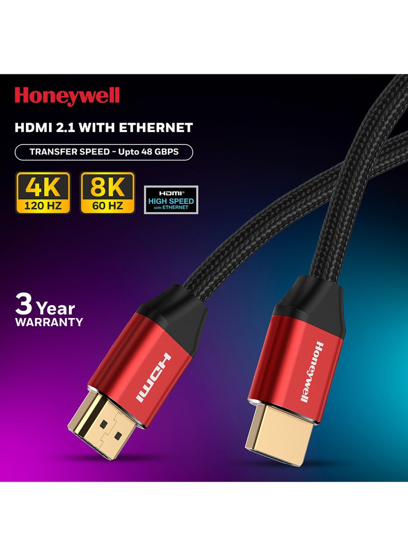 Honeywell - HDMI 2.1, 8k@60Hz Cable With Ethernet, 1 Mtr (3.2ft), 4K@120Hz UHD Resolution, 48 GBPS High Speed, Comaptible With Television, Soundbar, Gaming Console, PC, Laptop Red Black-2.1 - Image 1