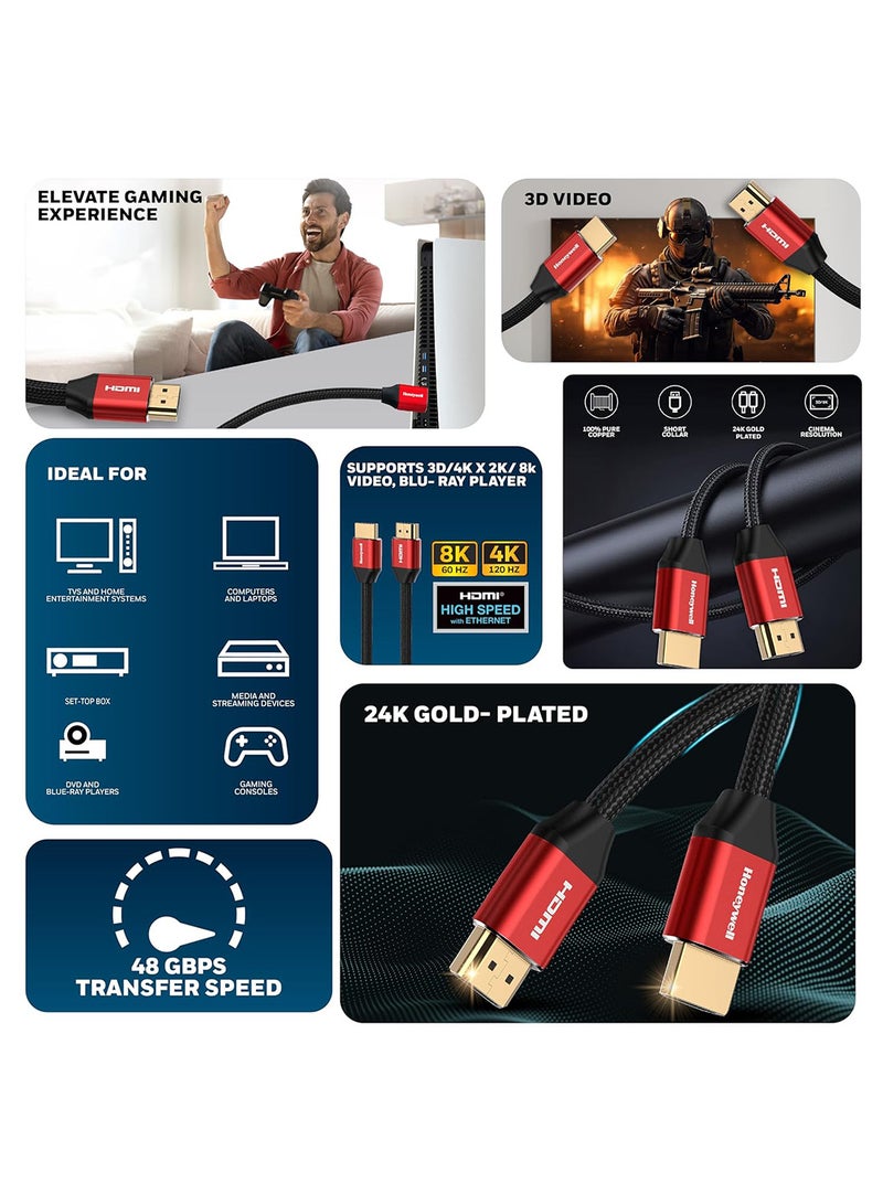 Honeywell - HDMI 2.1, 8k@60Hz Cable With Ethernet, 1 Mtr (3.2ft), 4K@120Hz UHD Resolution, 48 GBPS High Speed, Comaptible With Television, Soundbar, Gaming Console, PC, Laptop Red Black-2.1 - Image 1