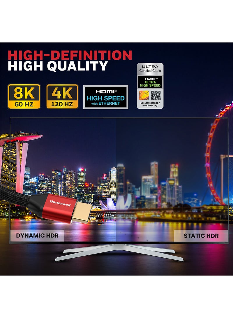 Honeywell - HDMI 2.1, 8k@60Hz Cable With Ethernet, 1 Mtr (3.2ft), 4K@120Hz UHD Resolution, 48 GBPS High Speed, Comaptible With Television, Soundbar, Gaming Console, PC, Laptop Red Black-2.1 - Image 1