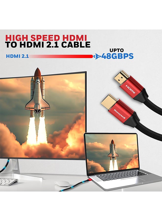 Honeywell - HDMI 2.1, 8k@60Hz Cable With Ethernet, 1 Mtr (3.2ft), 4K@120Hz UHD Resolution, 48 GBPS High Speed, Comaptible With Television, Soundbar, Gaming Console, PC, Laptop Red Black-2.1 - Image 1