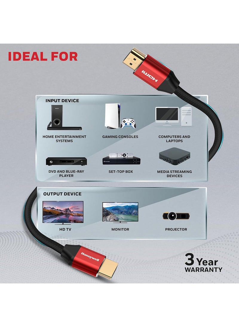 Honeywell - HDMI 2.1, 8k@60Hz Cable With Ethernet, 1 Mtr (3.2ft), 4K@120Hz UHD Resolution, 48 GBPS High Speed, Comaptible With Television, Soundbar, Gaming Console, PC, Laptop Red Black-2.1 - Image 1
