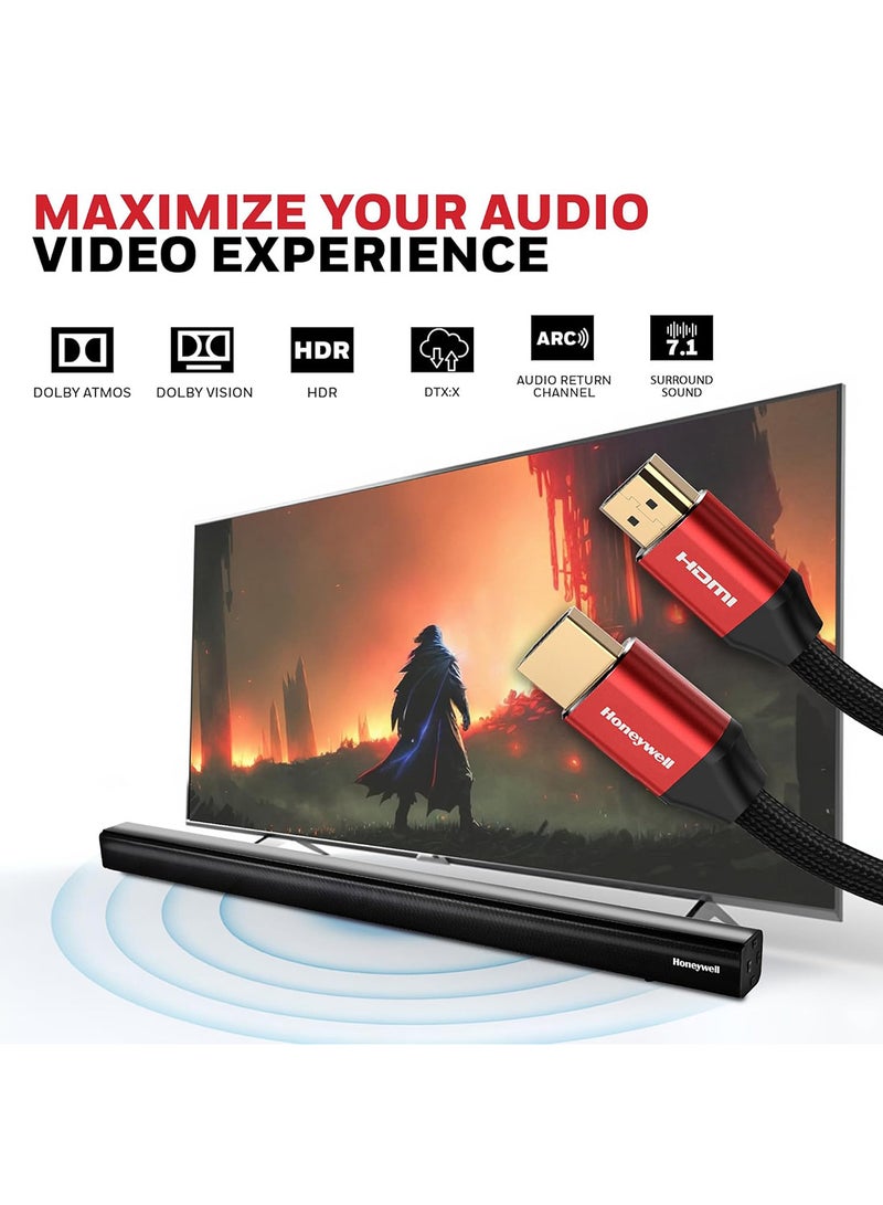 Honeywell - HDMI 2.1, 8k@60Hz Cable With Ethernet, 1 Mtr (3.2ft), 4K@120Hz UHD Resolution, 48 GBPS High Speed, Comaptible With Television, Soundbar, Gaming Console, PC, Laptop Red Black-2.1 - Image 1