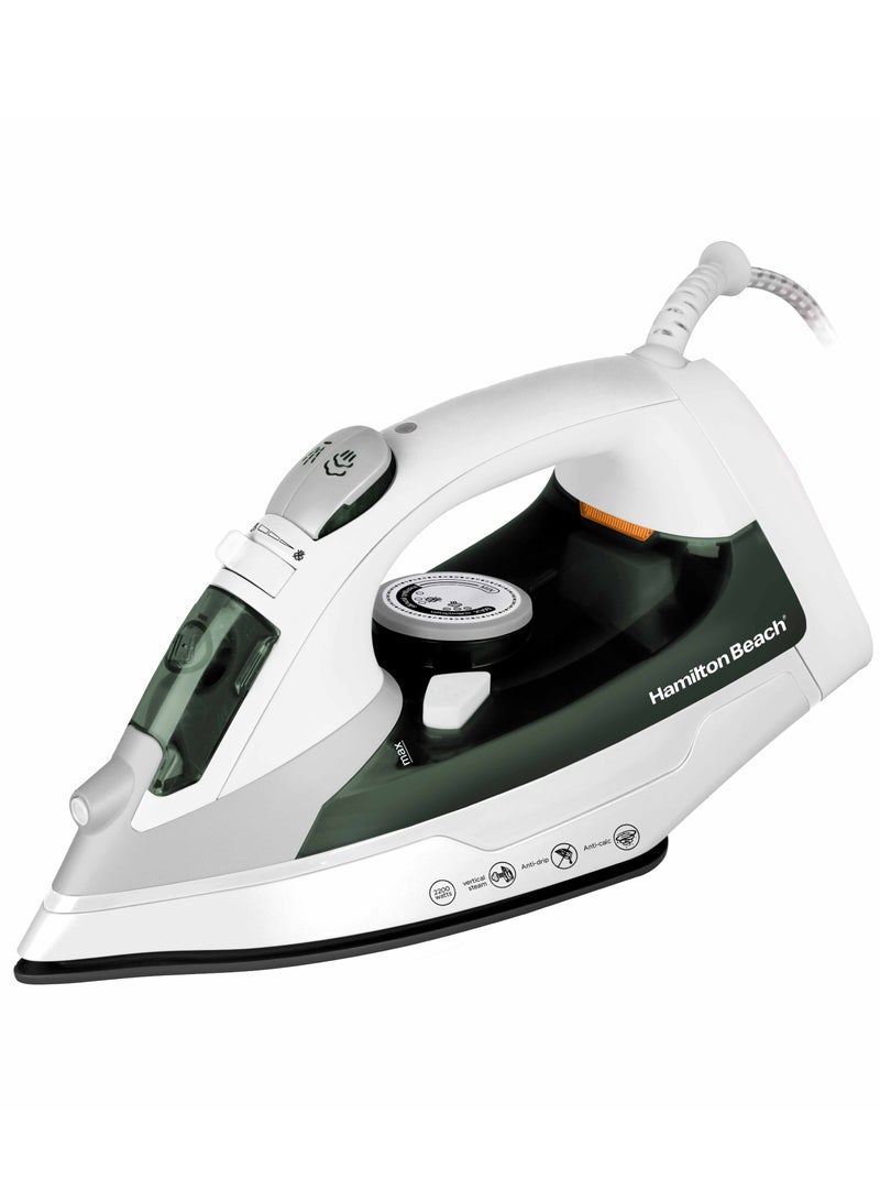 Hamilton Beach Steam Iron, Vertical Steam, 23g/min Steam Flow, Steam Shot, Water Spray, Dry & 3 Steam Settings, Non-Stick Soleplate, 300ml Tank, Anti-Drip, Anti-Calc, Self Clean, 2 yrs warranty 300 ml 2200 W ST2747-ME White/ Green  - Image 1
