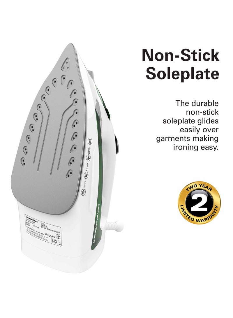 Hamilton Beach Steam Iron, Vertical Steam, 23g/min Steam Flow, Steam Shot, Water Spray, Dry & 3 Steam Settings, Non-Stick Soleplate, 300ml Tank, Anti-Drip, Anti-Calc, Self Clean, 2 yrs warranty 300 ml 2200 W ST2747-ME White/ Green  - Image 5