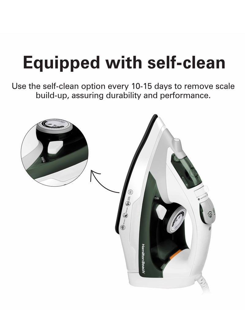 Hamilton Beach Steam Iron, Vertical Steam, 23g/min Steam Flow, Steam Shot, Water Spray, Dry & 3 Steam Settings, Non-Stick Soleplate, 300ml Tank, Anti-Drip, Anti-Calc, Self Clean, 2 yrs warranty 300 ml 2200 W ST2747-ME White/ Green  - Image 2