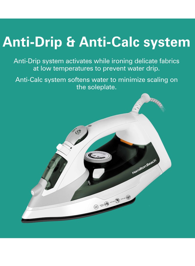 Hamilton Beach Steam Iron, Vertical Steam, 23g/min Steam Flow, Steam Shot, Water Spray, Dry & 3 Steam Settings, Non-Stick Soleplate, 300ml Tank, Anti-Drip, Anti-Calc, Self Clean, 2 yrs warranty 300 ml 2200 W ST2747-ME White/ Green  - Image 3