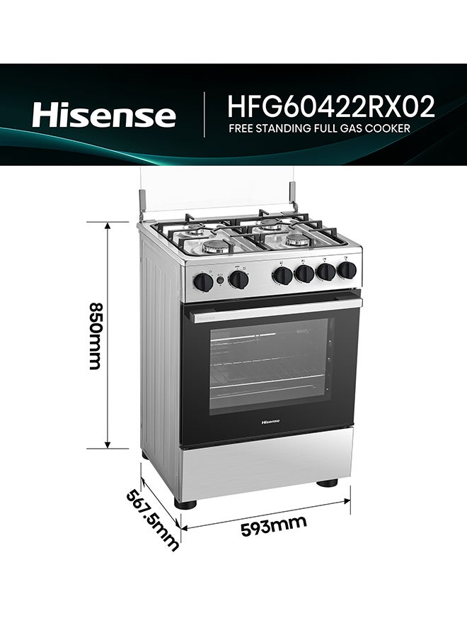 Hisense 60cm Freestanding full Gas Cooker,70 Liters,Max 2.9kw,Cast-Iron Support, Gas oven with Grill,Rotisserie, Full Safty with FFD, Mechanical Timer,Ergonomic knobs and handle, Removable full glass door,Auto Ignation, Enamel Interior,HFG60422RX02 HFG60422RX02 Silver - Image 2
