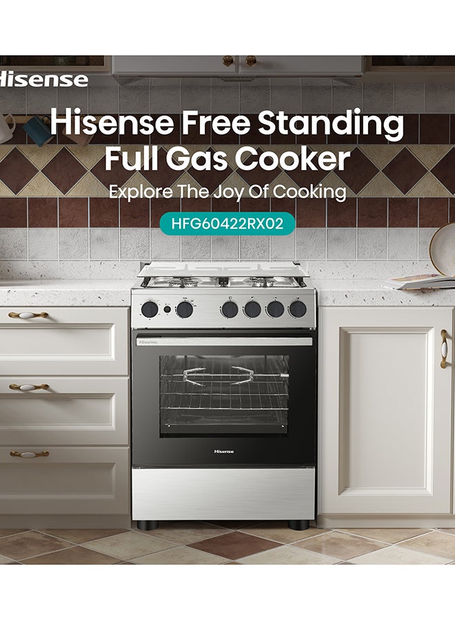 Hisense 60cm Freestanding full Gas Cooker,70 Liters,Max 2.9kw,Cast-Iron Support, Gas oven with Grill,Rotisserie, Full Safty with FFD, Mechanical Timer,Ergonomic knobs and handle, Removable full glass door,Auto Ignation, Enamel Interior,HFG60422RX02 HFG60422RX02 Silver - Image 4