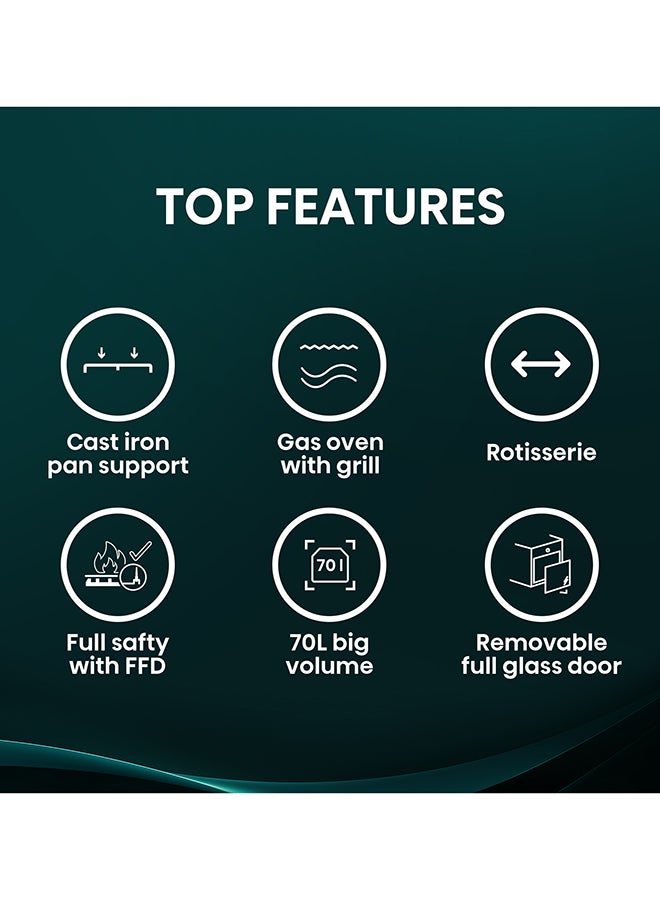 Hisense 60cm Freestanding full Gas Cooker,70 Liters,Max 2.9kw,Cast-Iron Support, Gas oven with Grill,Rotisserie, Full Safty with FFD, Mechanical Timer,Ergonomic knobs and handle, Removable full glass door,Auto Ignation, Enamel Interior,HFG60422RX02 HFG60422RX02 Silver - Image 3