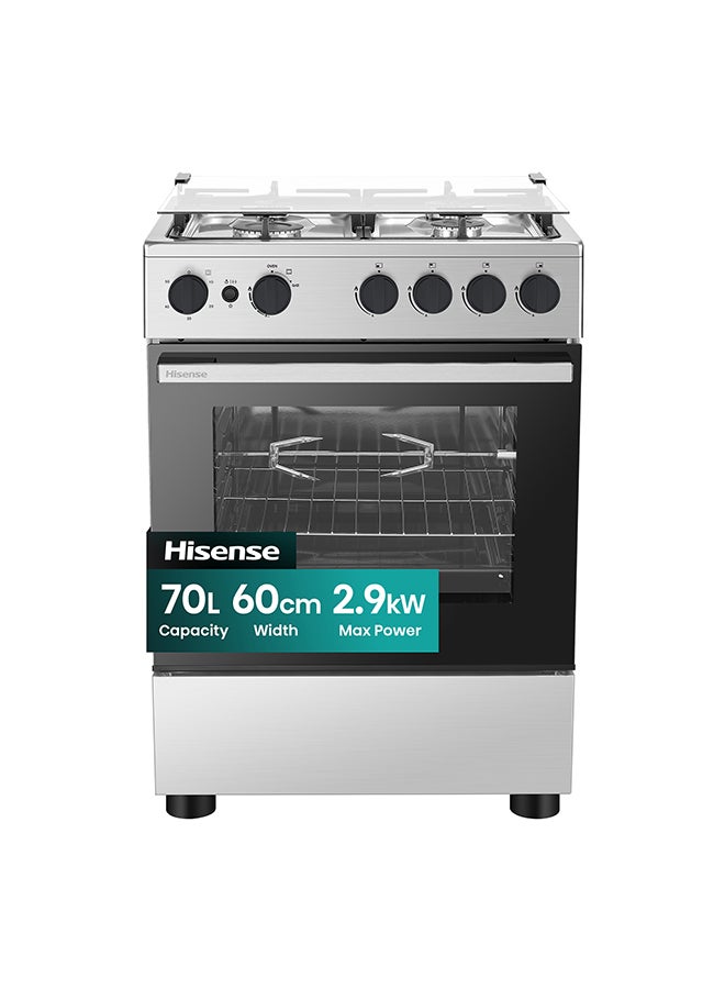 Hisense 60cm Freestanding full Gas Cooker,70 Liters,Max 2.9kw,Cast-Iron Support, Gas oven with Grill,Rotisserie, Full Safty with FFD, Mechanical Timer,Ergonomic knobs and handle, Removable full glass door,Auto Ignation, Enamel Interior,HFG60422RX02 HFG60422RX02 Silver - Image 1