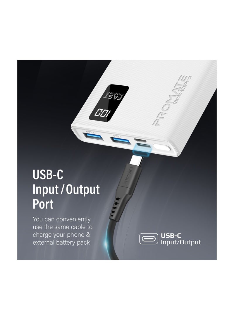 PROMATE - 10000 mAh Universal Ultra-Slim iPhone 16 Power Bank, Portable Charger, 10W USB-C Input/Output Port, Dual USB, LED, Over-Heating Protection For iPhone 13/14, Galaxy, iPad, Bolt-10 Pro - White - Image 1