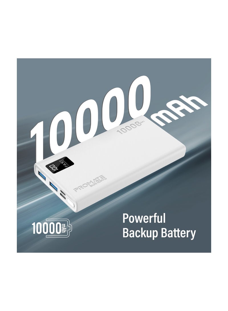 PROMATE - 10000 mAh Universal Ultra-Slim iPhone 16 Power Bank, Portable Charger, 10W USB-C Input/Output Port, Dual USB, LED, Over-Heating Protection For iPhone 13/14, Galaxy, iPad, Bolt-10 Pro - White - Image 1