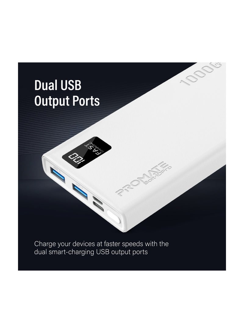 PROMATE - 10000 mAh Universal Ultra-Slim iPhone 16 Power Bank, Portable Charger, 10W USB-C Input/Output Port, Dual USB, LED, Over-Heating Protection For iPhone 13/14, Galaxy, iPad, Bolt-10 Pro - White - Image 1