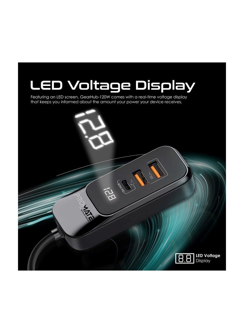 PROMATE iPhone 16 Car, Premium 120W DC Charger With Extended Fast-Charging Hub, Dual USB-C Power Delivery Ports, Dual Qualcomm QC 3.0 USB-A Ports And 1.5M Long Cable For iPhone 15, iPad Air - Black - Image 5