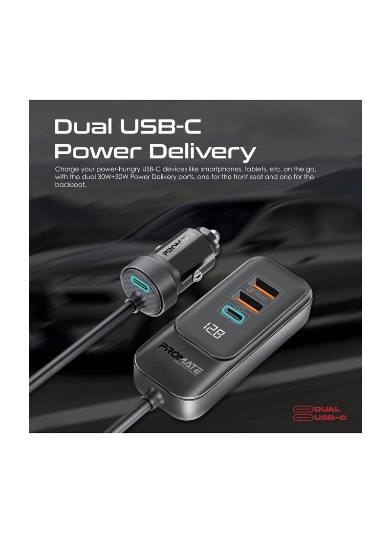 PROMATE iPhone 16 Car, Premium 120W DC Charger With Extended Fast-Charging Hub, Dual USB-C Power Delivery Ports, Dual Qualcomm QC 3.0 USB-A Ports And 1.5M Long Cable For iPhone 15, iPad Air - Black - Image 3