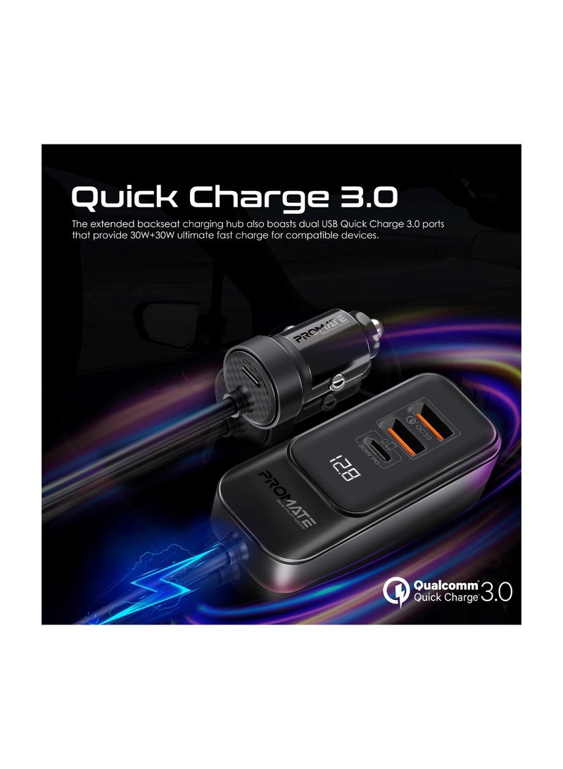 PROMATE iPhone 16 Car, Premium 120W DC Charger With Extended Fast-Charging Hub, Dual USB-C Power Delivery Ports, Dual Qualcomm QC 3.0 USB-A Ports And 1.5M Long Cable For iPhone 15, iPad Air - Black - Image 4