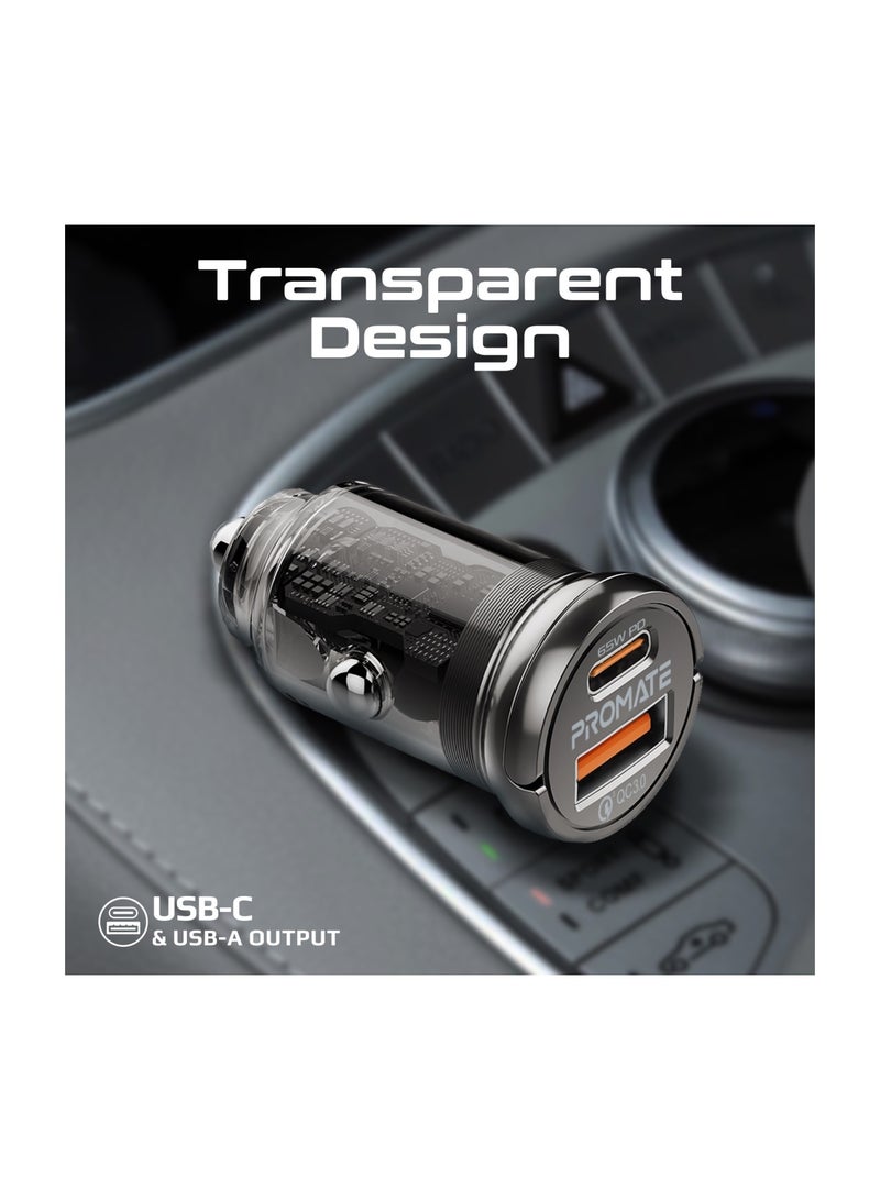 PROMATE - iPhone 16 Car Charger Transparent 65W Ultra Compact Car Adapter With USB Type C Power Port Qualcomm QC 3.0 USB A Port Mini Handle And Heat Protection For iPhone 15 MacBook Pro TransDrive - Black - Image 1