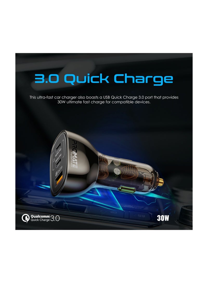 PROMATE - iPhone 16 Transparent 80W Fast Charge Multi-Port Car Adapter With Dual USB Type-C Power Delivery Ports, Qualcomm QC 3.0 USB-A Port And Overheat Protection For iPhone 15, iPad Air - Black - Image 1