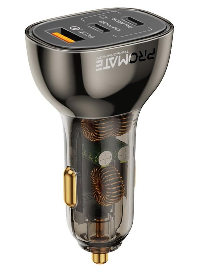 PROMATE Car Charger, Transparent 80W Fast Charge Multi-Port Car Adapter with Dual Type-C Ports, Qualcomm QC 3.0 USB-A Port and Overheat Protection for iPhone, iPad Air, TransDrive-80W Black - Image 1