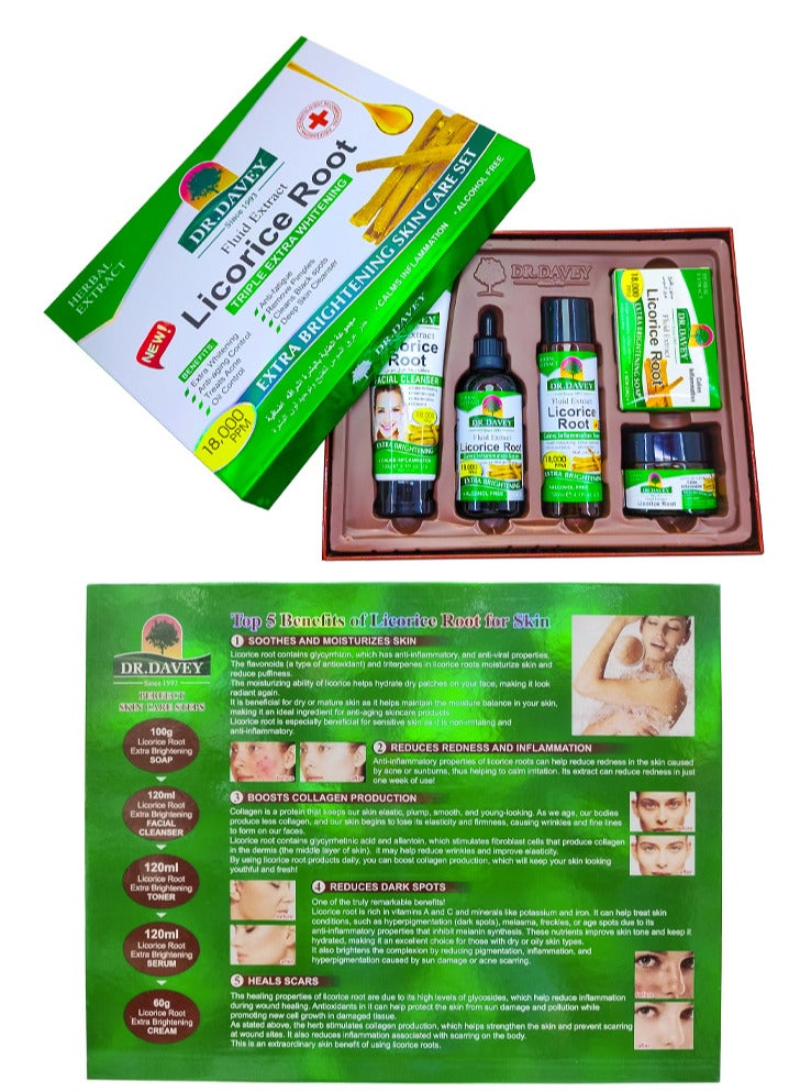 DR. DAVEY - Licorice Root Extra Brightening Skin Care Set SOAP 100G/ FACIAL CLEANSER 120ML/ TONER 120ML/ SERUM 120ML/ CREAM 60Ggrams - Image 1