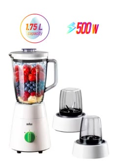 BRAUN Blender 3 in 1, Glass Jug, 2 Speeds, Pulse Function, Multi Mill, Grinder Mill, 1.75 L 500 W JB0153WH White  - Image 1