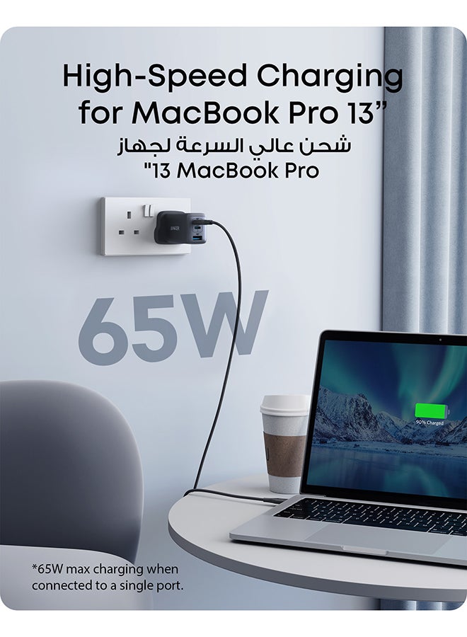USB C Plug, 735 Charger (Nano II 65W), PPS 3-Port Fast Compact USB C Charger for MacBook Pro/Air, iPad Pro, Galaxy S25/S24/S23/S22/S21/S20/S10, Dell XPS 13, Note 20/10+, iPhone 16/15, Pixel, Steam Deck, and More Black