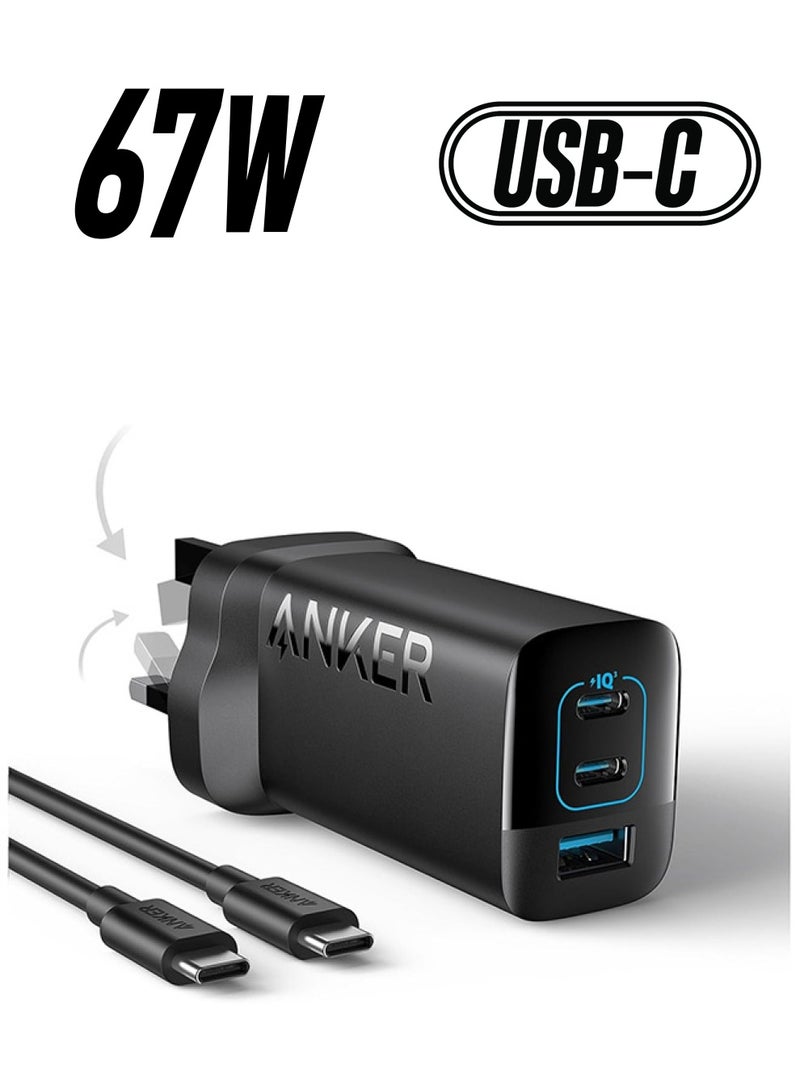 آنكر - قابس USB C بقدرة 67 وات، شاحن 335، شاحن سريع PIQ 3.0 مدمج وقابل للطي بثلاثة منافذ، لهاتف iPhone 14/14 Plus/14 Pro/14 Pro Max وMacBook Pro وiPad وGalaxy وPixel والمزيد (5 أقدام USB-C إلى كابل C متضمن) - Image 1