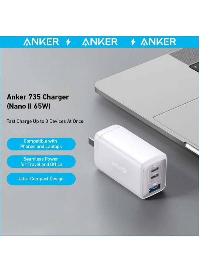 Anker - USB C Charger,  735 Charger GaNPrime 65W, PPS 3-Port Fast Compact Foldable Wall Charger for MacBook Pro/Air, iPad Pro, Samsung S25/S24, Dell XPS 13, iPhone 16/15/14, Huawei, Xiaomi, Redmi, Black Black - Image 1