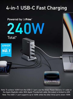 Anker 240W USB C Plug, Prime GaN Charger, 4-Port Fast Compact GaN Charger for MacBook Pro/Air, iPhone 16/15 Series, iPad Pro, Dell XPS, Samsung S25/S24, Huawei, Xiaomi, Apple Watch, Vivo and More Black  - Image 2
