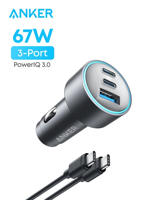 USB-C Car Charger, 67W 3-Port Compact Fast Charger, 535 Car Adapter with PIQ 3.0 for iPhone 16/16 Plus/16 Pro/16 Pro Max/15 Series, Galaxy S25/S24/S23, MacBook Pro, iPad Air, and More (USB-C to C Cable Included) Gray