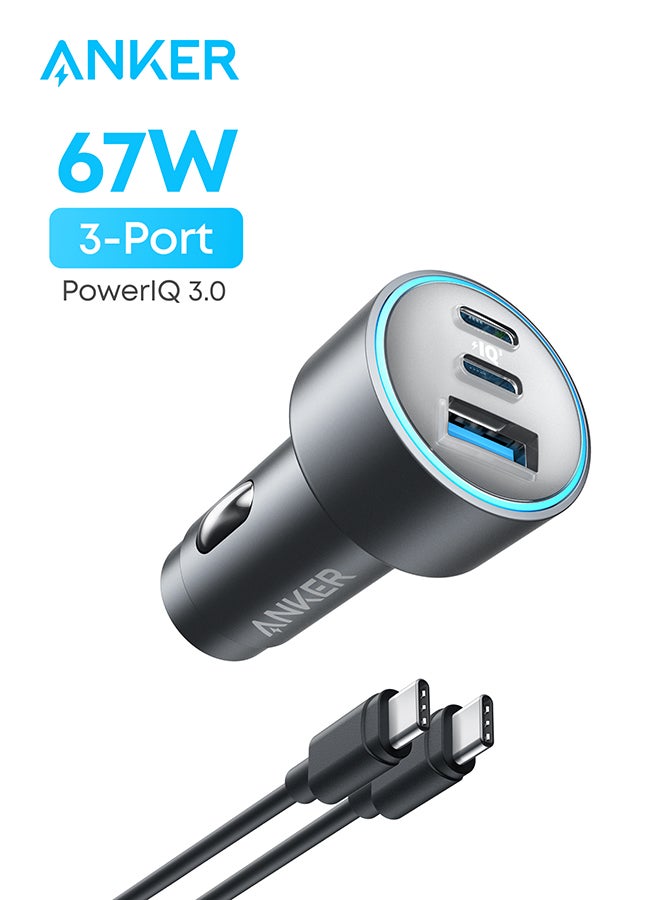 Anker USB-C Car Charger, 67W 3-Port Compact Fast Charger, 535 Car Adapter with PIQ 3.0 for iPhone 16/16 Plus/16 Pro/16 Pro Max/15 Series, Galaxy S25/S24/S23, MacBook Pro, iPad Air, and More (USB-C to C Cable Included) Gray  - Image 1