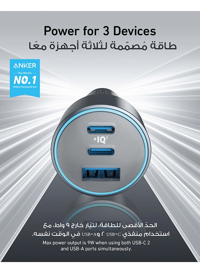Anker USB-C Car Charger, 67W 3-Port Compact Fast Charger, 535 Car Adapter with PIQ 3.0 for iPhone 16/16 Plus/16 Pro/16 Pro Max/15 Series, Galaxy S25/S24/S23, MacBook Pro, iPad Air, and More (USB-C to C Cable Included) Gray  - Image 5