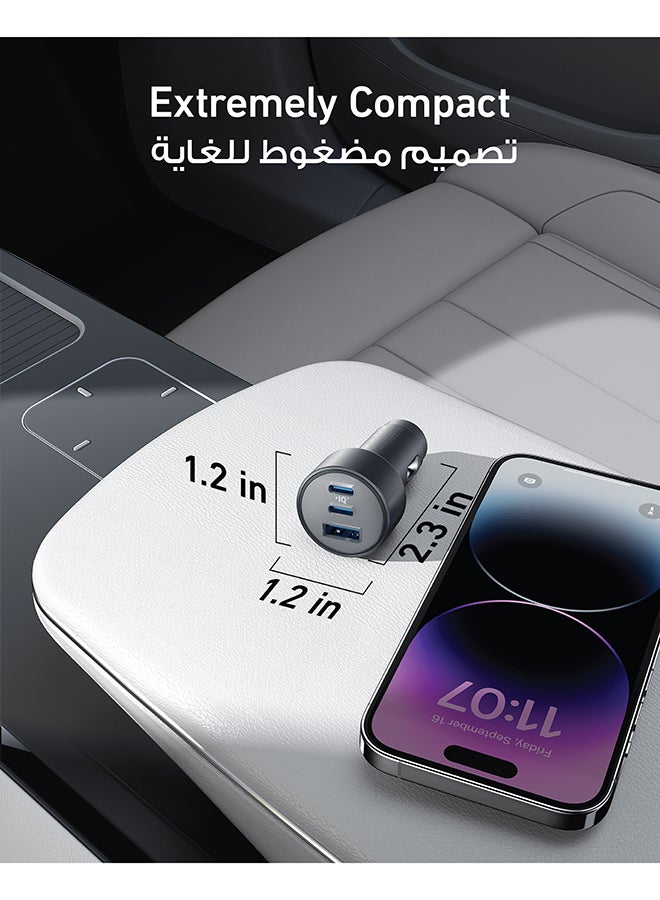 USB-C Car Charger, 67W 3-Port Compact Fast Charger, 535 Car Adapter with PIQ 3.0 for iPhone 16/16 Plus/16 Pro/16 Pro Max/15 Series, Galaxy S25/S24/S23, MacBook Pro, iPad Air, and More (USB-C to C Cable Included) Gray