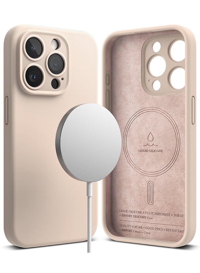 Ringke - Silicone Magnetic Compatible With iPhone 15 Pro Max Case Cover Powerful Magnet Long Lasting Silky Feel Anti-Fingerprint Back Cover Pink Sand - Image 1