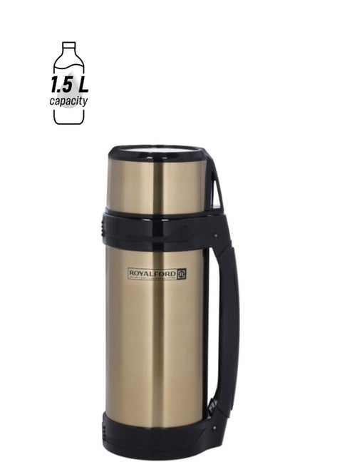 Travel Vacuum Bottle, Stainless Steel Vacuum Bottle, RF10494 | Double Wall Insulation | Keeps Drink Hot/ Cold for Hours | 1.5L Stainless Steel Thermos with Handle Gold/Black